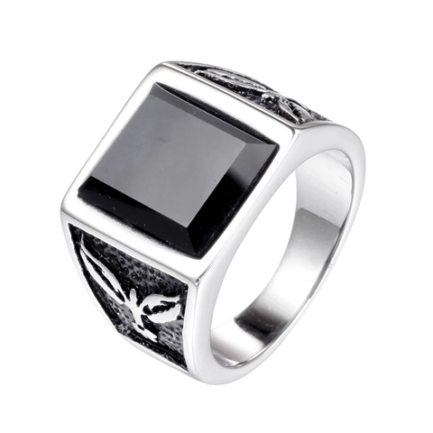 Men Vintage Stainless Steel Signet Ring Eagle Relief Gothic Punk Biker Finger Ring With Large Square Black Onyx Stone