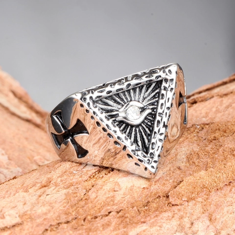 Anillo de Acero Inoxidable Punk Gótico con Ojo que Todo lo Ve para Hombre Patrón de Cruz Vintage Strass Joyería Rock