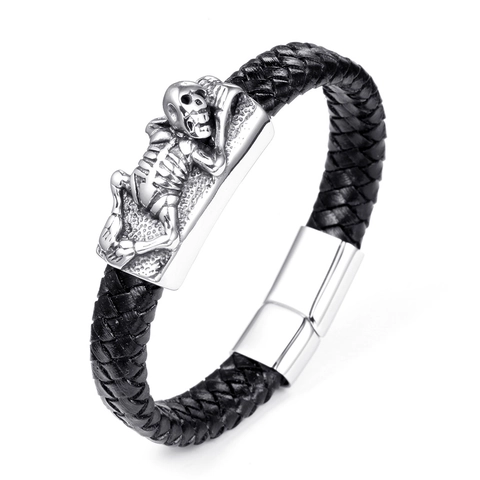 Punk Braided Leather Bracelet For Men Stainless Steel Skeleton Skull Charm Magnetic Clasp Wristband Gothic Rock Style Jewelry