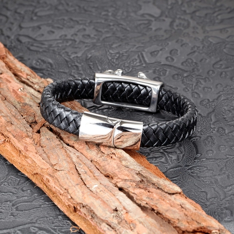 Punk Braided Leather Bracelet For Men Stainless Steel Skeleton Skull Charm Magnetic Clasp Wristband Gothic Rock Style Jewelry