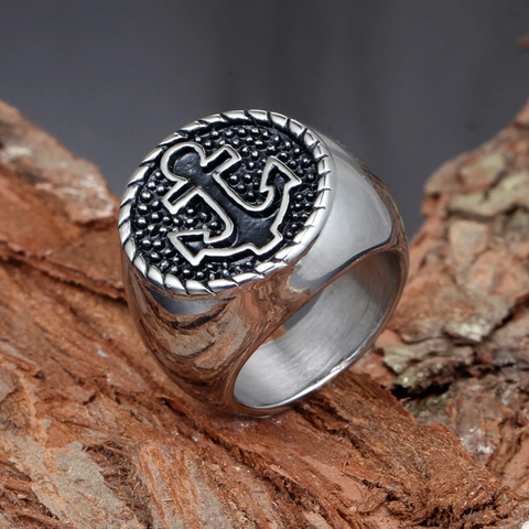 Anillo de Sello Náutico de Acero Inoxidable con Ancla para Hombre Joyería Biker Vintage Viking Regalo para Padre Novio