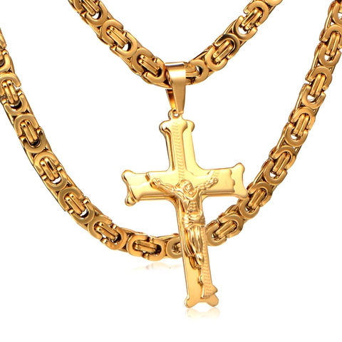 Collar de Colgante de Cruz de Acero Inoxidable Bañado en Oro para Hombre Con Cadena Real Bizantina Pesada Joyería