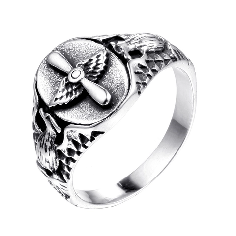 Vintage Stainless Steel Pilot Propeller Wings Ring For Men Retro Eagle Design Punk Biker Industrial Silver Color Jewelry