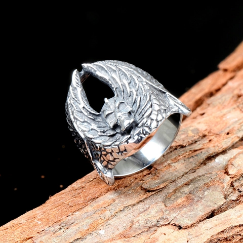 Vintage Punk Roestvrij Staal Schedel Vleugels Ring Voor Mannen Gothic Adelaar Motor Biker Ring Heavy Metal Rock Sieraden