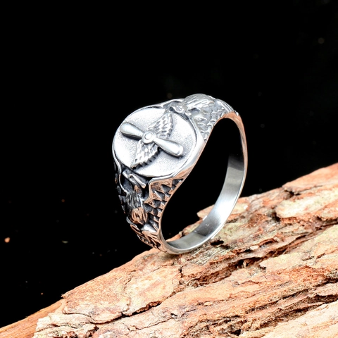 Vintage Stainless Steel Pilot Propeller Wings Ring For Men Retro Eagle Design Punk Biker Industrial Silver Color Jewelry