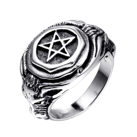 Men Vintage Punk Stainless Steel Pentagram Skull Ring Distressed Gothic Biker Band Ring Jewelry Gift For Men