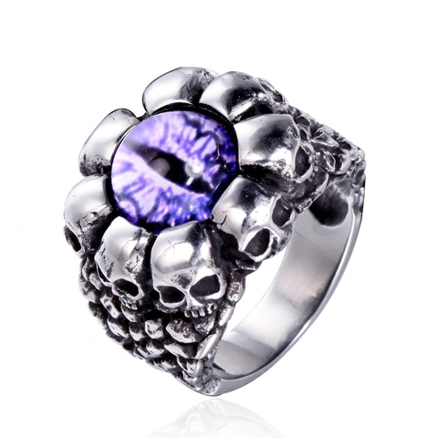 Punk Gothic Skull Stainless Steel Ring For Men Rock Biker Evil Eye Rhinestone Finger Ring Retro Oxidized Jewelry Gift