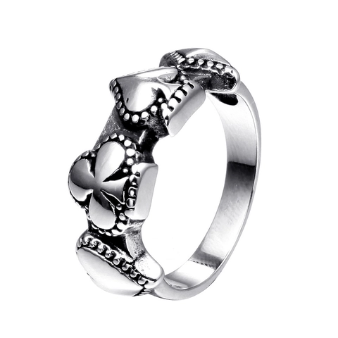 Vintage Stainless Steel Heart Clover Relief Ring For Men Punk Gothic Band Ring Beaded Edge Oxidized Silver Biker Jewelry