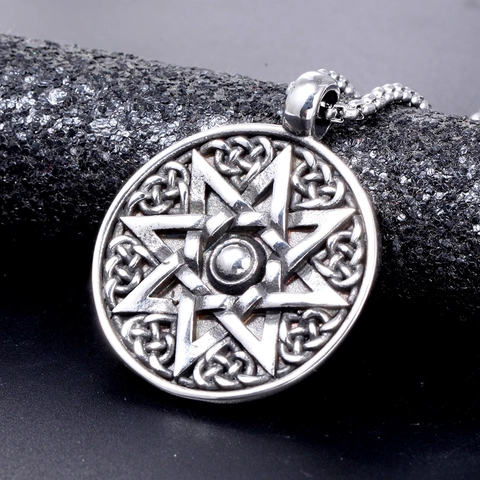 Colgante Redondo de Acero Inoxidable Vintage para Hombre Heptagrama Estrella con Nudo Celta Medallón Plata Antigua Joyería Religiosa