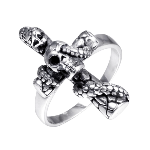 Vintage Stainless Steel Snake Skull Cross Ring For Men Gothic Punk Rock Biker Jewelry Retro Oxidized Silver Finger Ring