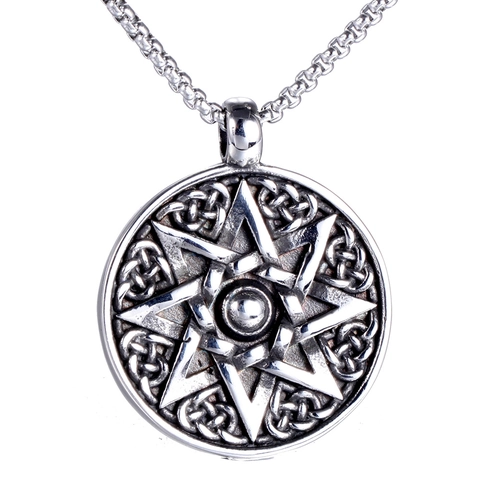 Colgante Redondo de Acero Inoxidable Vintage para Hombre Heptagrama Estrella con Nudo Celta Medallón Plata Antigua Joyería Religiosa