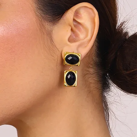 Vintage Stainless Steel Geometric Drop Earrings For Women Retro Black Resin Inlaid Gold Plated Hypoallergenic Jewelry Gift