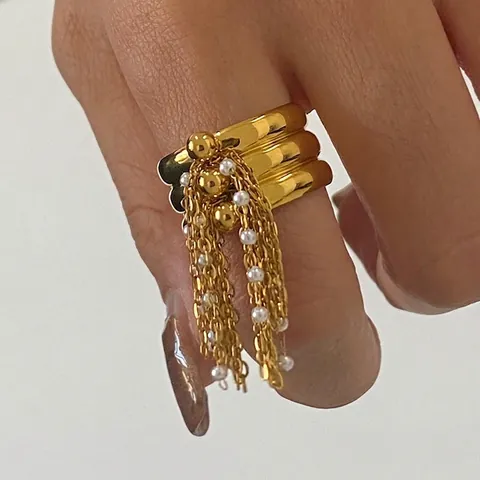 Luxus Vergoldet Edelstahl Mehrlagig Ring Mit Künstliche Perlenquaste Kette Verstellbar Fingerring Für Damen Party