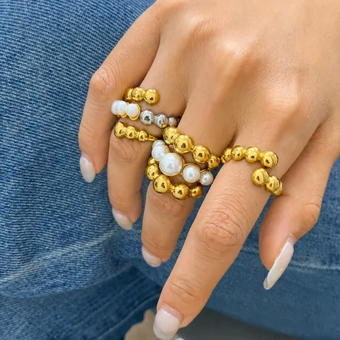 Fashion Stainless Steel Artificial Pearl Ring Gold Silver Metallic Beaded Stacked Open Rings For Women Luxury Daily Jewelry