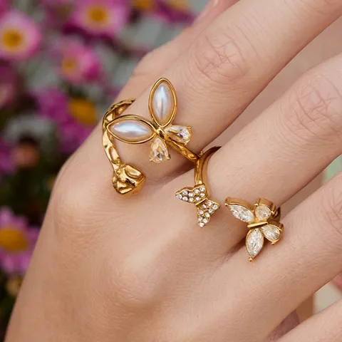 Luxe Vlinder Roestvrij Stalen Open Ring Voor Dames Verguld Met Zirkonia Synthetische Kunstparel Verstelbare Sieraden