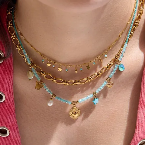 Collier Multicouche en Acier Inoxydable Pendentif Perle Artificielle Strass Cœur Étoile Papillon Bijoux de Mode Femme