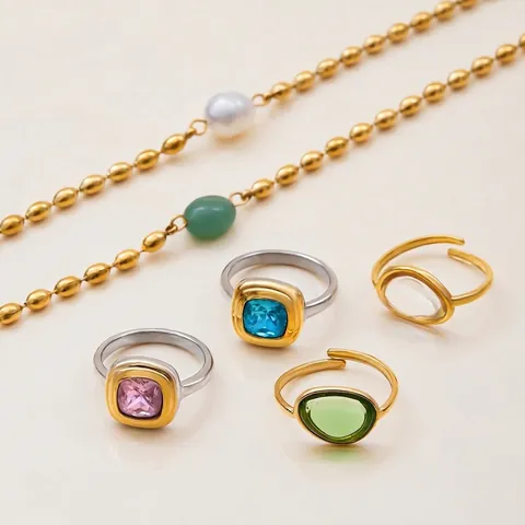Stainless Steel Natural Stone Artificial Pearl Necklace Ring Jewelry Collection Elegant Gold Plated Geometric Accessory For Women