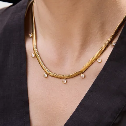 18K Gold Plated Stainless Steel Flat Snake Bone Chain Necklace For Women Minimalist Zirconia Pendant Choker Fashion Jewelry