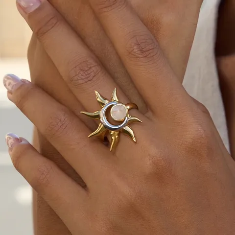 Vintage Edelstahl Sonne und Mond Offener Ring für Damen Gold Silber Zweifarbig Mondstein Eingelegt Verstellbarer Schmuck