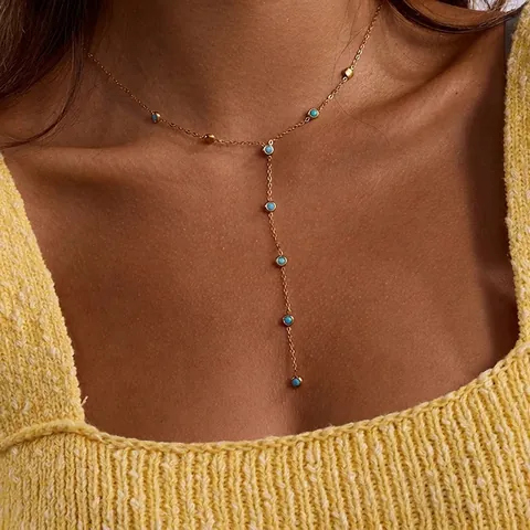 Bohemian Gold Plated Stainless Steel Y Necklace For Women With Blue Turquoise Beads Fashion Dainty Long Chain Jewelry