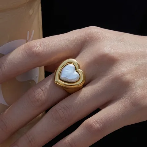 Edelstahl Vergoldet Herz Künstliche Perle Ring Für Damen Retro Mode Schmuck Wasserdicht Hypoallergen Accessoire