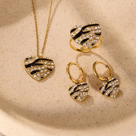 Luxus Edelstahl Zebramuster Herz Ohrringe Strass Emaille Gold Creolen Halskette Ring Schmuck Für Damen Party