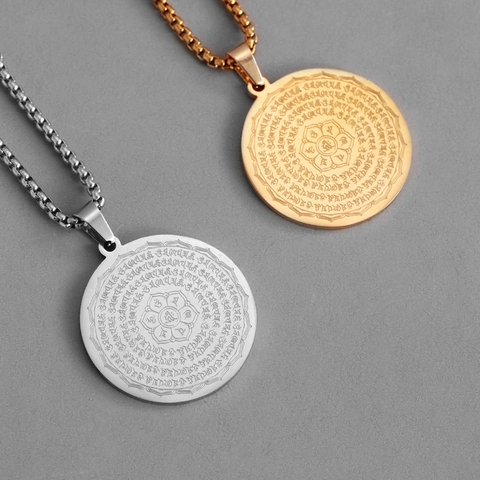 Collar con Colgante de Escritura de Buda de Acero Inoxidable Vintage para Hombres Mujeres Patrón de Loto Joyería Religiosa Sánscrito