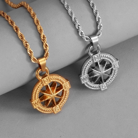 Vintage Compass Pendant Necklace Stainless Steel Rope Chain Octagonal Star Nautical Navigation Retro Jewelry Gift For Men Women