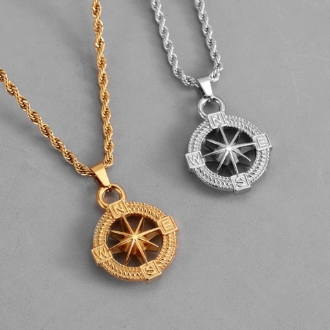 Vintage Compass Pendant Necklace Stainless Steel Rope Chain Octagonal Star Nautical Navigation Retro Jewelry Gift For Men Women