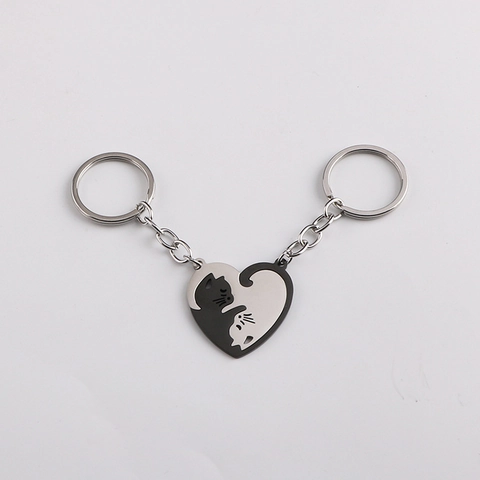Ineinandergreifendes Katzen Schlüsselanhänger Set Edelstahl Herz Yin Yang Passende Schlüsselringe Pärchen Schmuck Geschenk