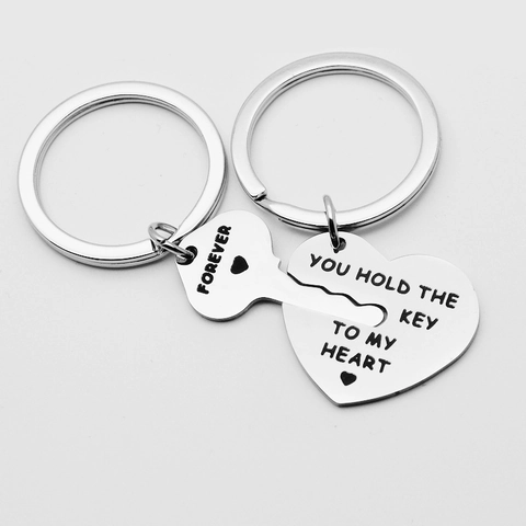 Ensemble Porte-Clés Couple en Acier Inoxydable Pendentif Cœur Clé Gravure You Hold The Key To My Heart Bijou Cadeau