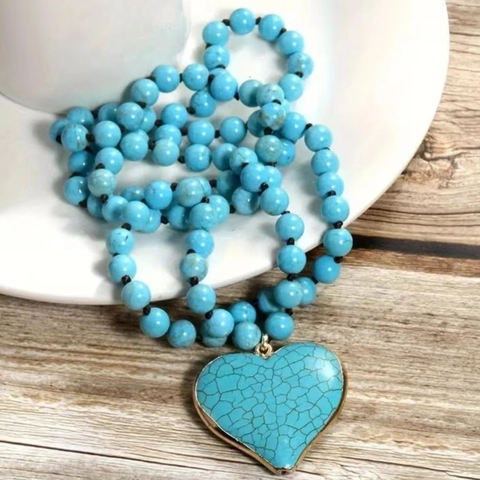 Collana Lunga a Perline Bohemien Con Grande Ciondolo a Cuore in Turchese Lega Placcata Oro Gioielli Etnici Vintage Donna
