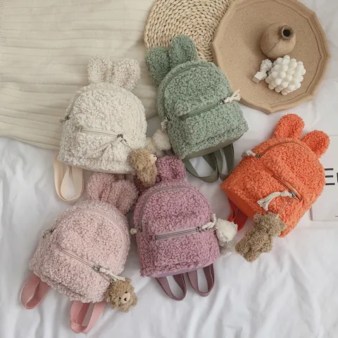 Cute Kids Plush Lamb Wool Backpack With Rabbit Ears And Bear Pendant Soft Toddler Schoolbag For Boys Girls Outing