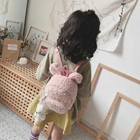 Cute Kids Plush Lamb Wool Backpack With Rabbit Ears And Bear Pendant Soft Toddler Schoolbag For Boys Girls Outing