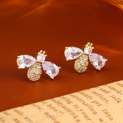 Animal Bee Stud Earrings With Copper Gold Plated Zirconia Micro Pave And Silver Earring Post Elegant Fashion For Women
