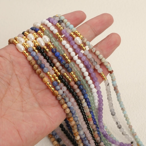 Collana di Perline in Pietra Naturale Con Perla de Agua Dulce Barocca d'Acqua Dolce Gioielli in Lega Minimalisti Fatti a Mano Da Donna