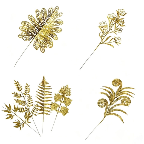 Artificial Golden Leaves Christmas Tree Decoration Glitter Plastic Branches For Festive Party Wedding DIY Ornaments