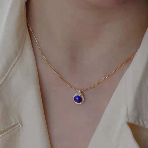 Collana con Ciondolo in Lapislazzuli in Rame Vintage per Donna Placcato Oro Tondo Pietra Blu Naturale Strass Intarsiato Gioielli