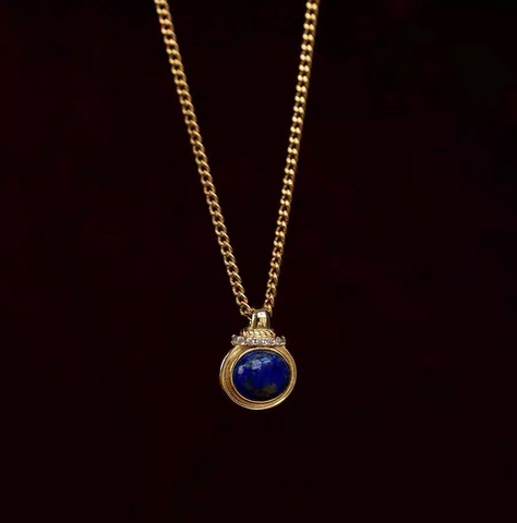 Collana con Ciondolo in Lapislazzuli in Rame Vintage per Donna Placcato Oro Tondo Pietra Blu Naturale Strass Intarsiato Gioielli