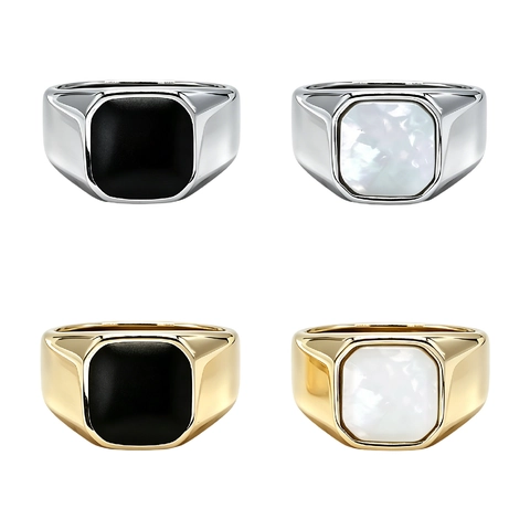 Minimalistische Roestvrijstalen Zegelring Met Witte Schelp En Zwart Emaille Gepolijste Geometrische Retro Unisex Sieraden