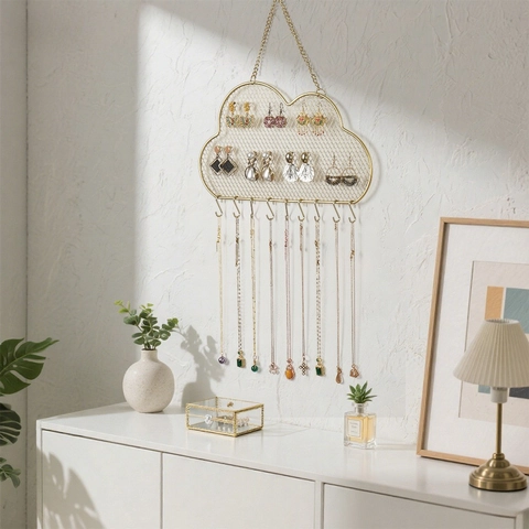 Cloud Shaped Jewelry Display Rack Wall Mounted Iron Metal Mesh Earring Necklace Organizer Golden Nordic Style Holder