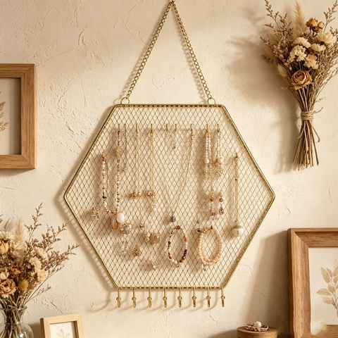 Jewelry Display Rack Metal Iron Art Earring Organizer Wall Mounted Hanging Hooks Geometric Grid Modern Nordic Decor