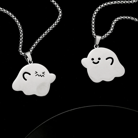 Titanium Steel Cartoon Ghost Pendant Necklace For Couples Friends Hollow Heart Halloween Jewelry Polished Silver Necklace