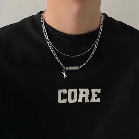 Double Layer Titanium Steel X Letter Pendant Necklace Men Hip Hop Streetwear Geometric Geometric Neck Chain Jewelry