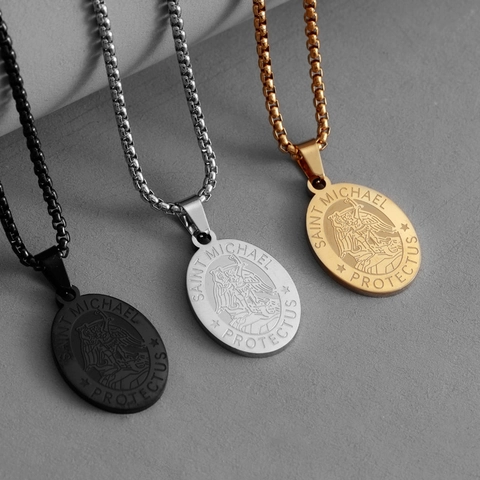 Saint Michael Archangel Medal Pendant Necklace Stainless Steel Religious Amulet Protector Jewelry Gift For Men Women