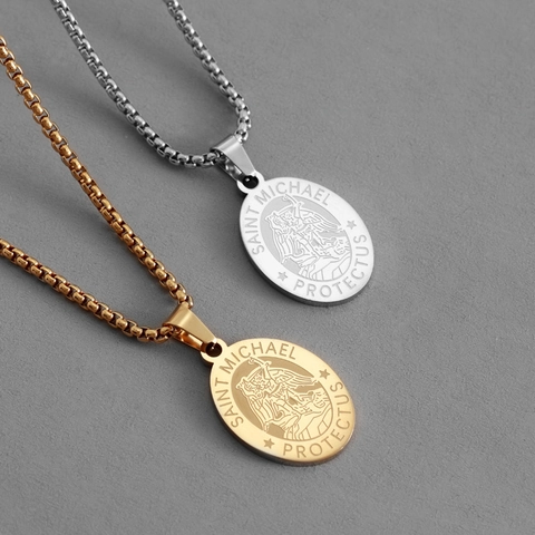 Saint Michael Archangel Medal Pendant Necklace Stainless Steel Religious Amulet Protector Jewelry Gift For Men Women