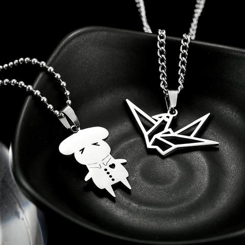 Handgetekende Cartoonfiguur Papieren Kraanvogel Hanger Halsketting Roestvrij Staal Titanium Staal Minimalistische Sieraden