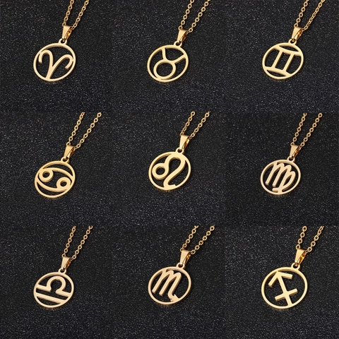 Zodiac Signs Stainless Steel Necklace For Women Men Hollow Round Aries Leo Libra Sagittarius Scorpio Capricorn Aquarius Pisces Pendant Necklace Simple Fashion Jewelry Gift