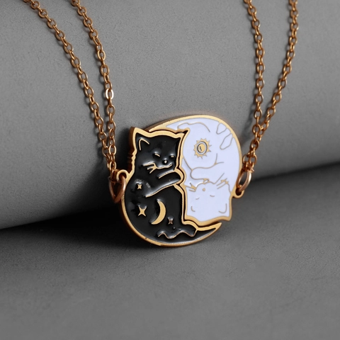 Cute Cartoon Cat Stainless Steel Pendant Necklace Enamel Sun Moon Star Couple Friends Jewelry Gift For Women Men Jewelry