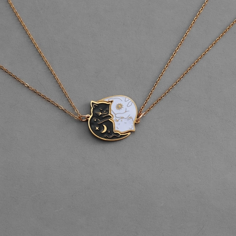 Cute Cartoon Cat Stainless Steel Pendant Necklace Enamel Sun Moon Star Couple Friends Jewelry Gift For Women Men Jewelry